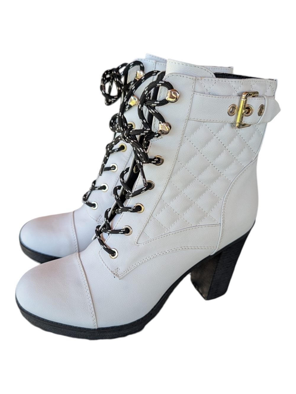 G by Guess White Quilted Lace-Up Ankle Boots with Gold Hardware - Picture 2 of 8
